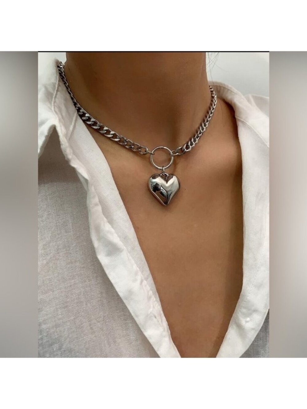 Silver Tone Chunky Chain Heart Pendant Necklace – Adjustable 3/$30